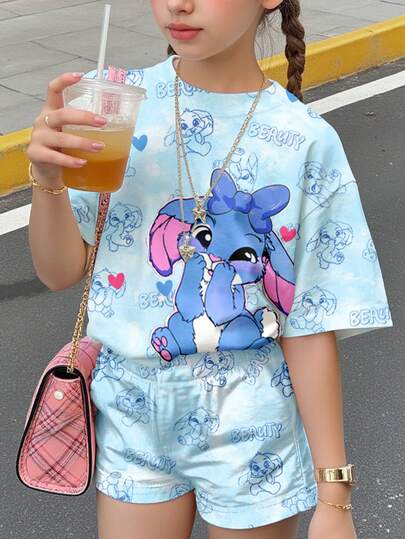 SHEIN 2pcs Cute Cartoon Blue Rabbit Lulu, Stitch Pattern, Ocean Blue Tie-Dye Tween Girl Casual Minimalist Round Neck Short Sleeve T-Shirt And Shorts Set, Suitable For Summer