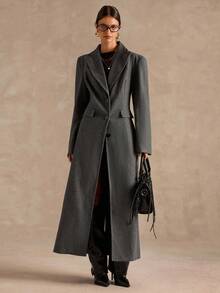 SHEIN BAE 秋冬高级纯色收腰长款大衣 - 深灰色 - 查看 3