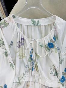 INAWLY Women's Floral Print Front Tie Button Design Raglan Sleeve Fashion Blouse Fall Cloth For Women - Multicolor - View 3