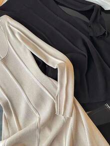 Franclia 优雅长袖圆领修身休闲连衣裙 - 杏色 - 查看 7