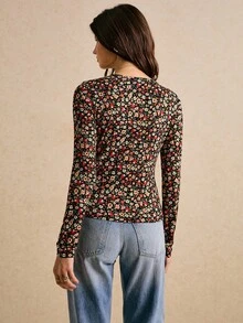 Poéselle Vintage Ditsy Blumen Knotenshirt mit Langarm, 90er Jahre Y2K Crop Top Essentiell, Lässig Chic Streetwear, einfach und modisch, geeignet für den täglichen Gebrauch, Ausgehen, Pendeln, Dates, Zuhause und andere Anlässe - Schwarz - Übersicht 4
