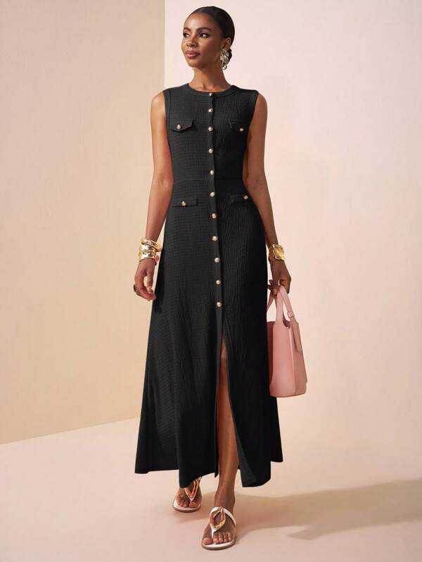 Slaydiva New Spring And Summer Casual And Elegant Round Neck Sleeveless Bag Flap Decorated With Metal Buckles Fishtail Skirt Hip Skirt With Open Placket Black Textured Knitted Fabric Women's Long Dress-B,Business Casual Woman