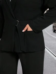 SHEIN Clasi 大码女士优雅黑色修身西装外套，适合办公室和通勤穿着，秋冬季女士西装外套 - 黑色 - 查看 4