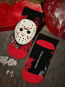 WB Horror X SHEIN 2 Pairs Men&Women Soft&Breathable Moisture-Wicking Casual Ankle Socks With Pattern Fashionable And Cute Black&Red Short Socks Reinforced Toe & Heel For Durabiliy Unisex For Men & Women All Season All-Match Summer Winter - Multicolor - View 7