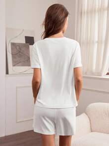Hanevo Women's Casual Summer All White Loungewear Set,Ribbed Knit Round Neck Short Sleeve T-Shirt And Drawstring Waist Slant Pocket Shorts Set,Autumn Sports - White - View 2