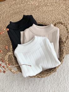 SHEIN LMoss Kids Young Girl Solid Color Knit Casual Sweater,In Fall/Winter - Multicolor - View 3