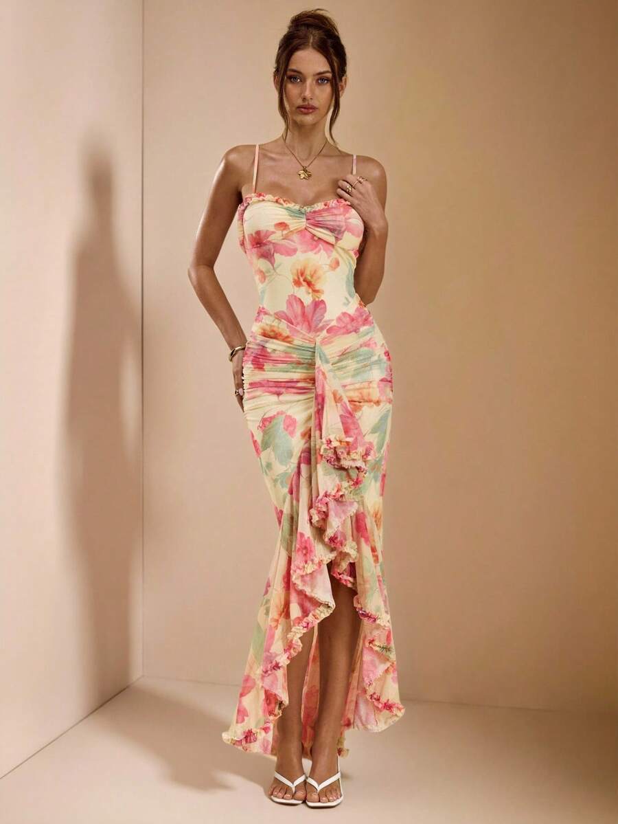 SHEIN BAE Váy Maxi thanh lịch, hở lưng, họa tiết hoa màu vàng/kem, xẻ tà cao, không tay, hở lưng, váy đi biển/nghỉ dưỡng, váy dạ hội dài chấm đất họa tiết hoa màu vàng - Vàng nhạt - Xem 1