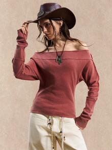 Easelle Women's Vintage Wash Water Bohemian Persimmon Red Off Shoulder Long Sleeve Knitted Women T-Shirt Fall Winter Women Clothes Off The Shoulder Tops