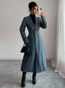 Elenzga 女士优雅高品质通勤办公室高端纽扣设计修身 A 字中长西装外套，秋冬女装 - 深灰色 - 查看 6