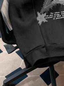 Claim Dot Men Black Label Fashionable Star Pattern Loose Dropped Shoulder Thick Thermal Lined Hoodie, Emo Style, 2000s Style, Fall Winter, Long Sleeve Top - Black - View 3