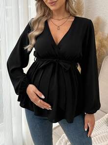 SHEIN Maternity Solid Color Lantern Sleeve Belted V-Neck Elegant Blouse - Black - View 6