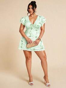 SHEIN BAE Đầm ôm sát cổ chữ V tay bèo họa tiết hoa thanh lịch cỡ lớn dành cho nữ, phù hợp mặc hàng ngày, đi chơi, hẹn hò, trà chiều, kỳ nghỉ, xuân/hè, trở lại trường - Màu xanh Bạc hà - Xem 6