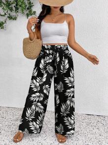 SHEIN Frenchy Plusstorlek Dam Musikfestival Semesterstil Tonad Semester Tropiskt Växtmönster Sommar Hög Midja Knyt Lösa Casualbyxor - Svart och Vitt - Visa 3