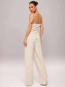 Silquee Women's Strapless Single-Breasted Metal Button Asymmetrical Hem Top And Wide-Leg Pants Fashion Party & Commute Suit - Beige - View 2