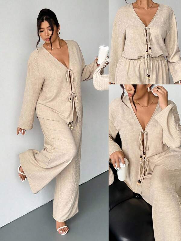 Firerie مجموعة ملابس علوية وبنطلون كاجوال طويل الأكمام لون بيج للنساء البدينات، ملابس مريحة فضفاضة، بنطلون بخصر مطاطي، ملابس ربيعية/صيفية، ملابس شاطئ، ملابس للذهاب للعمل، أنيقة، كاجوال، للعطلات، للشاطئ، بوهيمي مجموعة قطعتين