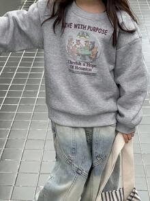 DAZY Young Girls Cartoon Print Casual Crew Neck Long Sleeve Sweatshirt - Grey - View 6