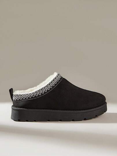 Solecia Women's Fashion Comfortable Thick Sole Black Snow Boots, Faux Suede Thermal Lined, Knitted Trim, Warm Indoor/Outdoor Thermal Slippers For Christmas