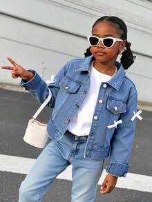 1 件女童休闲学院风水洗蓝色蝴蝶结长袖牛仔夹克 - 藍色 - 查看 2