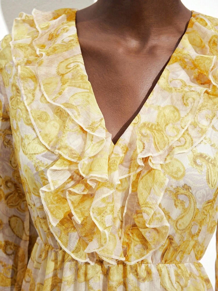 SHEIN Maija Women's Paisley Ruffle Hem Long Sleeve Elegant Dress Modern Vacation Nomadic Casual Fashion All-Match Women's Country Concert Clothing Western Style Women's Clothing Nomadic Style Bohemian High-End Elegance All-Match Country Concert Clothing Yellow Paisley Dress Yellow Maxi Dress Yellow Silk Maxi Dress Yellow Ruffle Dress Exotic Atmosphere, Country Concert, Western Style Clothing, High-Grade Fabric, Comfortable And Breathable