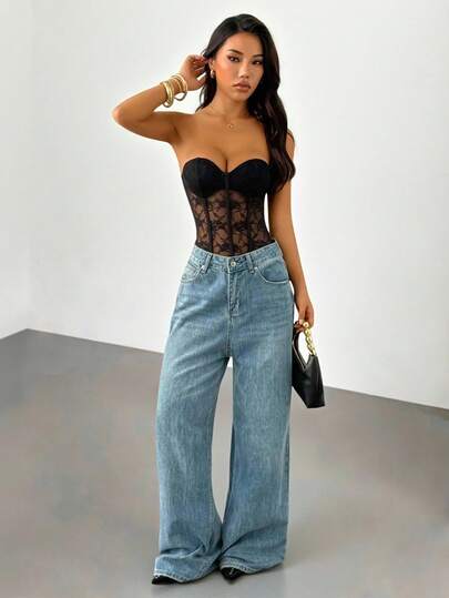 SHEIN PETITE Body in pizzo nero da donna: top lingerie senza spalline, senza maniche, in maglia trasparente con motivo floreale