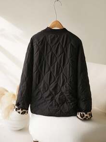 CosyJoli Plus Size Casual Leopard Print Contrast Color Woven Lightweight Jacket Winter Fall Autumn - Black - View 2