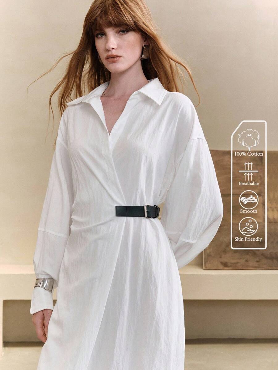 Arave 法式优雅通勤女士V领灯笼袖收腰衬衫裙