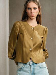 EMERY ROSE 女士优雅通勤纯色泡泡袖长袖衬衫 - 芥末黃 - 查看 8