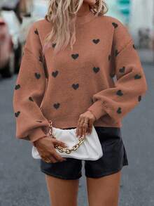 SHEIN LUNE Casual Heart Pattern Drop Shoulder Loose Knit Sweater, Autumn/Winter Fall Cloth For Women - Brown - View 5