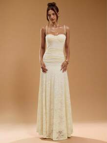 SHEIN BAE Váy ren dài siêu dài màu mơ thanh lịch, bó sát, xếp nếp, váy ren in họa tiết, trang phục dự tiệc cưới, váy ren, váy thanh lịch - Màu be - Xem 3