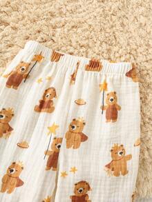 SHEIN 2pcs/Set Toddler Boys/Girls 100% Cotton Cute Bear Pattern Long Sleeve Shirt And Pants Loose Fit Pajamas, Classic Comfortable Casual Basic Homewear Suitable For Spring, Autumn, Winter, Halloween, Christmas, New Year - White - View 5