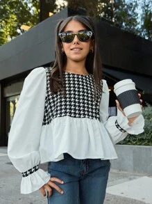 青少年女孩休闲日常翻领拼接千鸟格泡泡袖 A 字下摆衬衫，开学季 - 黑與白 - 查看 4