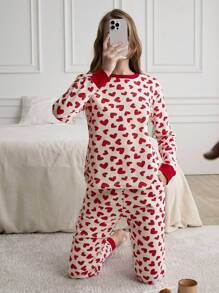 RueChic 2pcs Cotton Contrast Heart Printed With Rib Cuff Detail Homewear Pajama Set, Suitable For Christmas - Red and White - View 3