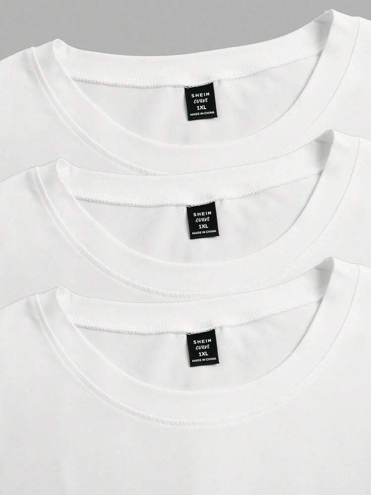 EMERY ROSE 3pcs/Set Plus Size Women's Solid Color Round Neck Basic Short Sleeve T-Shirts - White - View 6