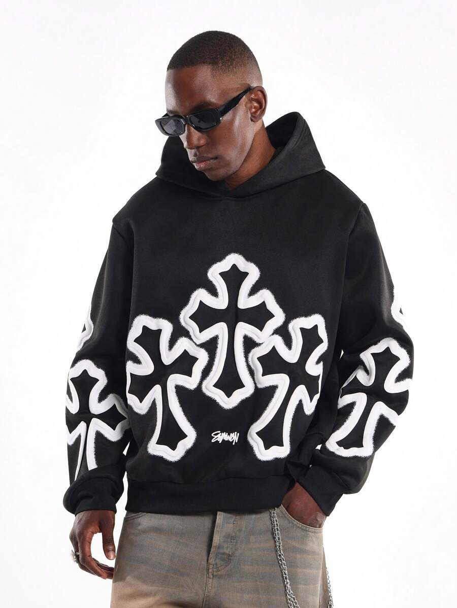 SUMWON 时尚哥特式十字印花套头连帽衫男女款冬季街头服饰厚重超大时尚宣言图案设计都市休闲 - 黑色 - 查看 1