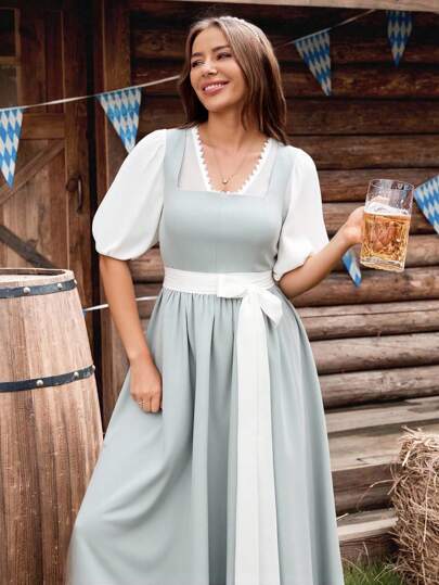 Fairmaia Ensemble traditionnel allemand pour femmes comprenant un Top à manches courtes, un tablier et une robe. Dirndl Oktoberfest, robe traditionnelle allemande vintage sans manches avec encolure carrée, et tablier, pour Octobre, Halloween