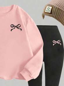 SHEIN 2件組青少年女孩淺粉色秋季休閒甜美16歲返校復古蝴蝶結圓領厚實柔軟冬季運動衫與內搭褲套裝 - 彩色 - 查看 3