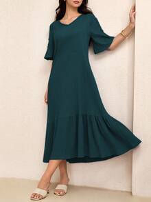 Lacomfia 2025年夏季新款女士V领褶皱A字连衣裙 - 水鴨藍 - 查看 3