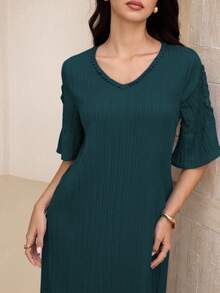 Lacomfia 2025年夏季新款女士V领褶皱A字连衣裙 - 水鴨藍 - 查看 6