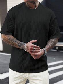 Manfinity Homme Men's Casual Solid Color Knitted Jacquard Fabric Short Sleeve T-Shirt, Summer - Black - View 5