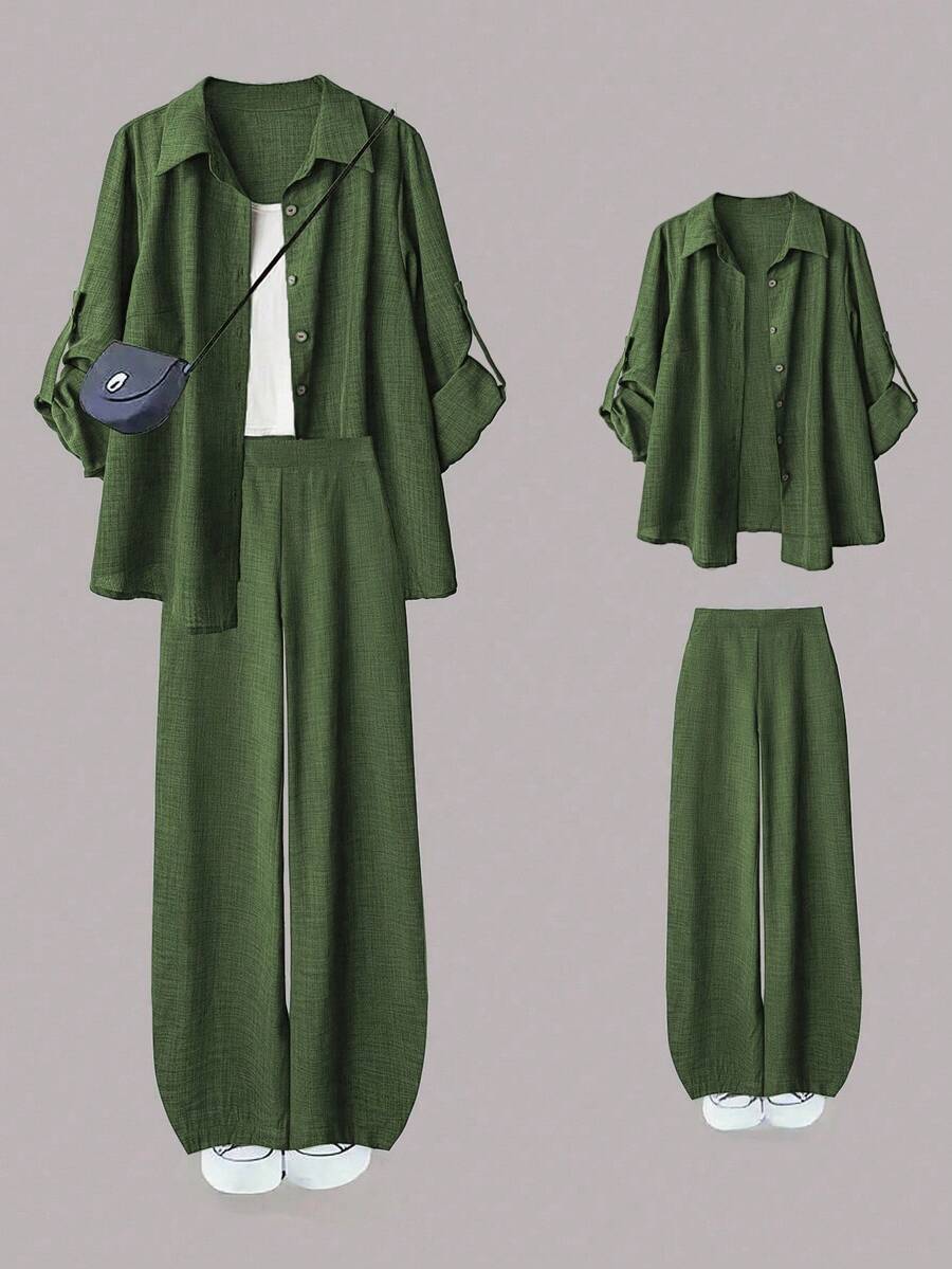 Linhara 大码女式休闲两件套，纯色翻领单排扣休闲/工作衬衫和高腰宽松阔腿裤套装 - 軍綠色 - 查看 1