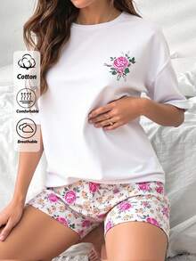 RueChic Women 2 Pcs Flower Printed Detail Short Sleeve Shirt And Fake Ribbon Drawsting Detail Floral Pattern Shorts Homewear Lounge Set - White - View 1