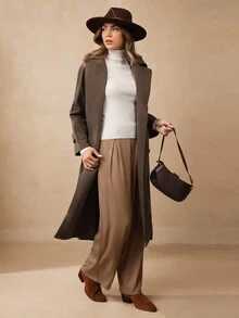 Wildy Women's Fall Black Y2k Solid Color Simple Daily PU Trench Coat Jacket - Mocha Brown - View 3