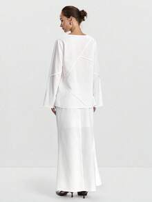 Lumivelle 女式秋季长袖拼布结构上衣和裙子两件套 - 白色 - 查看 2