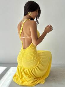 Firerie 女式不对称肩部荷叶边露背连衣裙奶油黄色裙子/秋季女装/校服/外出服女士/度假/波西米亚/3D 碎花裙/约会夜服装女士/派对服装/婚礼宾客礼服女士/婚礼宾客礼服优雅/约会夜服装女士/外出 - 黃色 - 查看 3