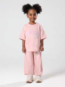 SUMWON Girls New York Athletics Varsity Logo T-Shirt Co-Ord Set Oversized Casual Wear Matching Two Piece Outfit Autumn Winter Collection - Pink - View 1