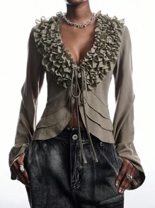 LYSMO 2025 New Arrive Minimalism Fall Women's Solid Color Multi-Layer Frill Trim Front Tie Long Sleeve Fashionable Blouse - Army Green - View 3