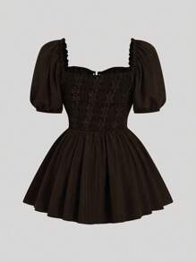 Sweetra Plus Size Punk Dark Style Square Collar Jacquard Patchwork Grommet Lace-Up Waist A-Line Shirt - Brown - View 2