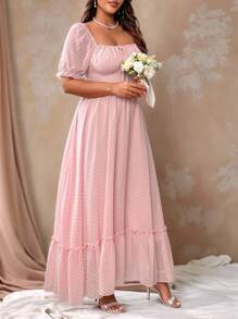 Roveilla Plus Size Sweet Romantic Pink Square Neck Bow Tie Ruffle Hem Long Dress Easter Wear - Pink - View 4