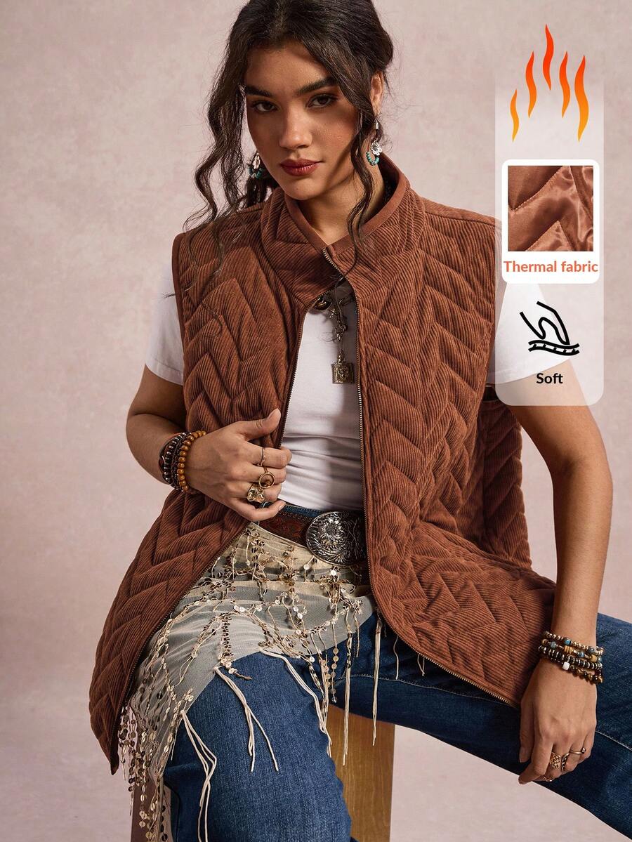 Freevana Plus Size Solid Color Front Zip Sleeveless Pocket Casual Padded Zip Up Coat, Daily Wear Halloween Pumpkin Color Christmas Winter  New Year  Thanksgiving Brown - Brown - View 1