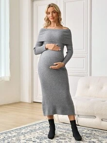 SHEIN 孕妇纯色露肩长袖修身优雅针织连衣裙，秋季 - 灰色 - 查看 4